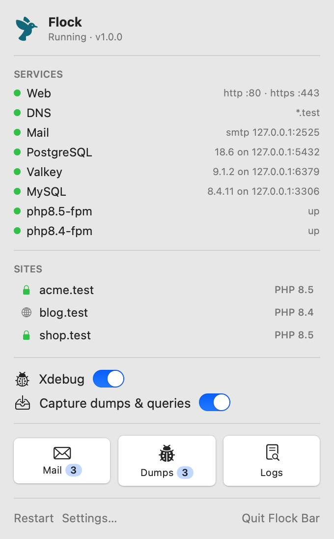The Flock panel with every service running