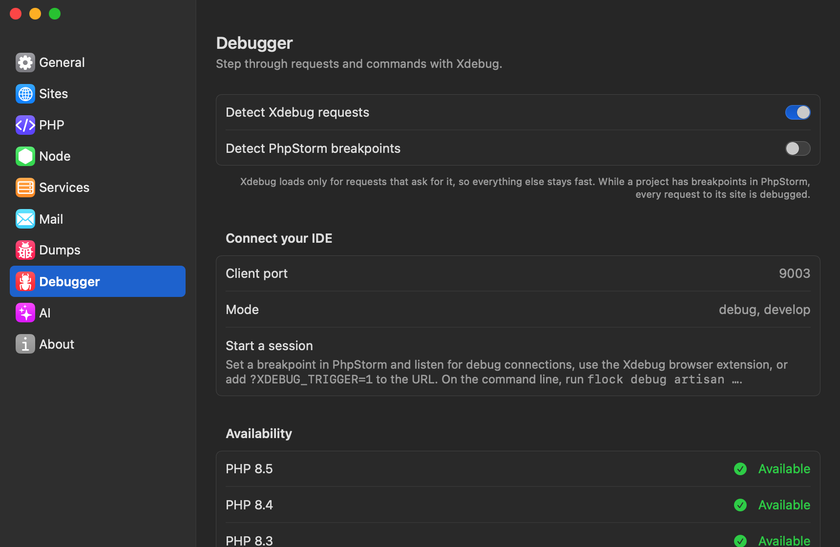 Settings → Debugger