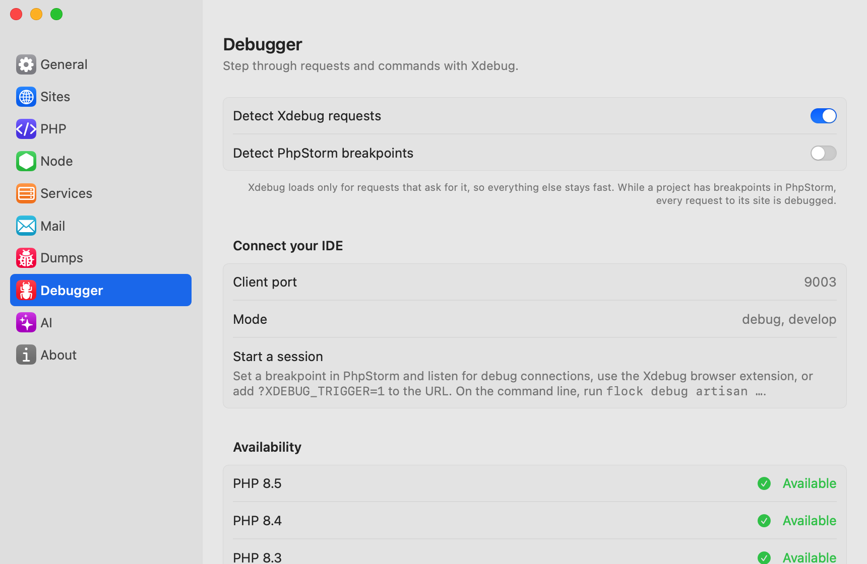 Settings → Debugger