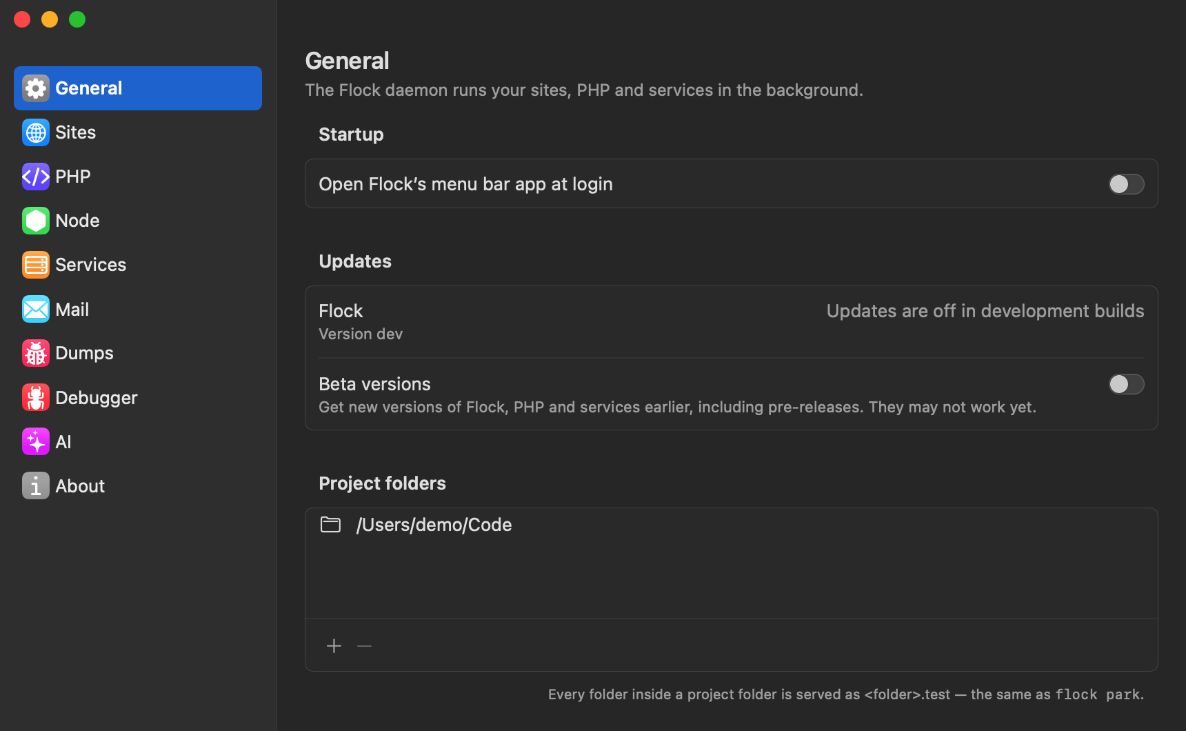 Project folders in Settings → General