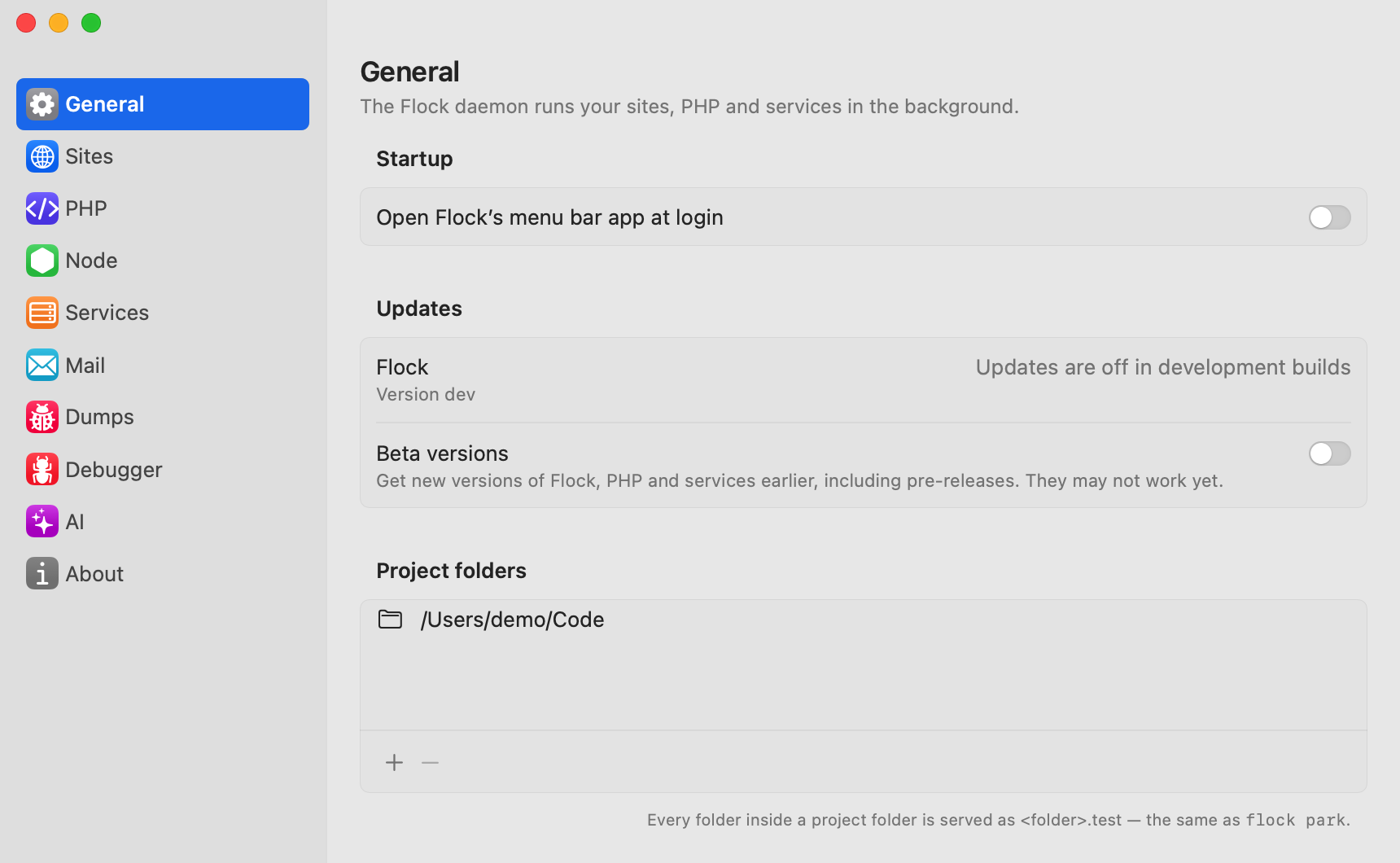 Project folders in Settings → General
