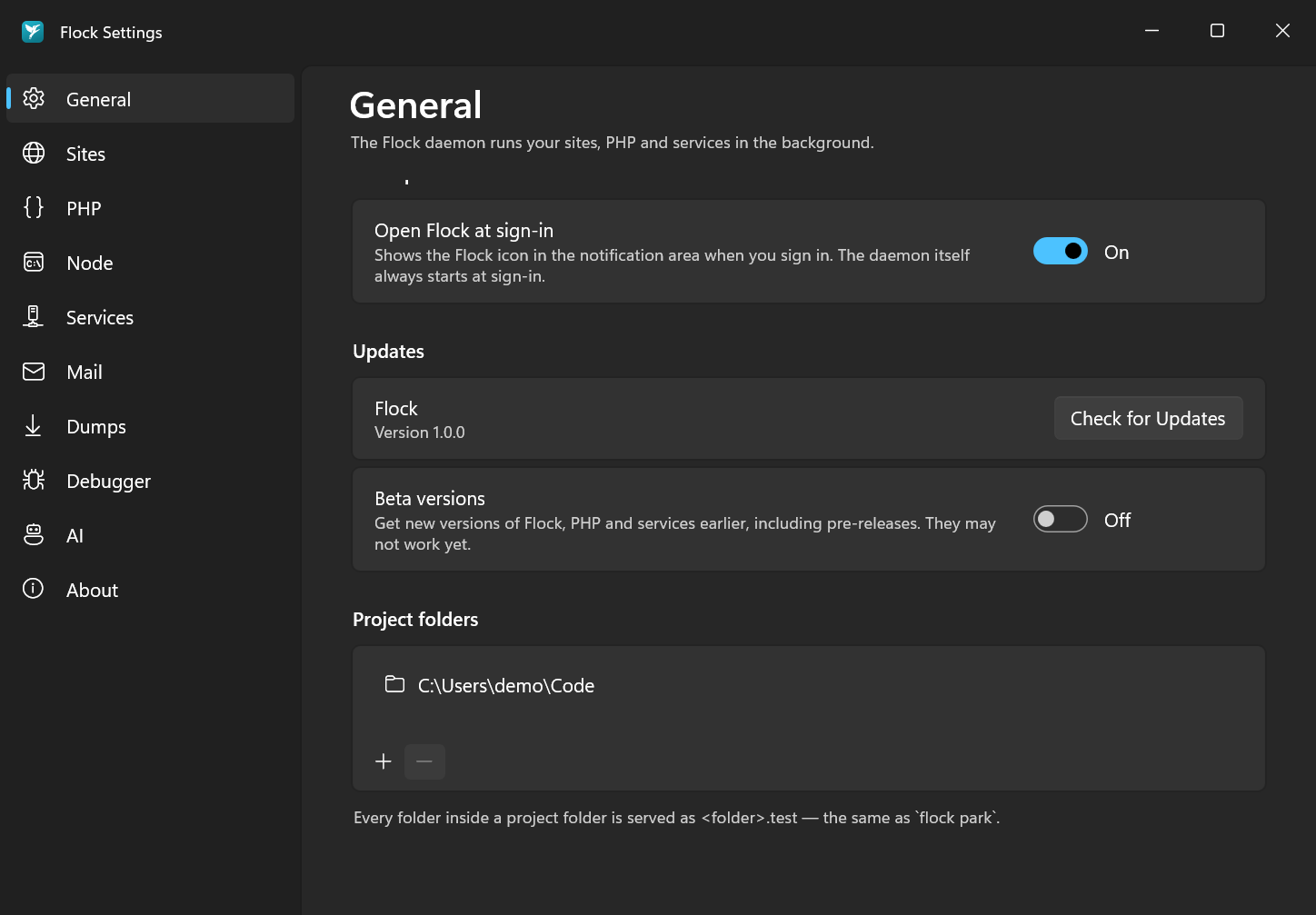 Project folders in Settings → General