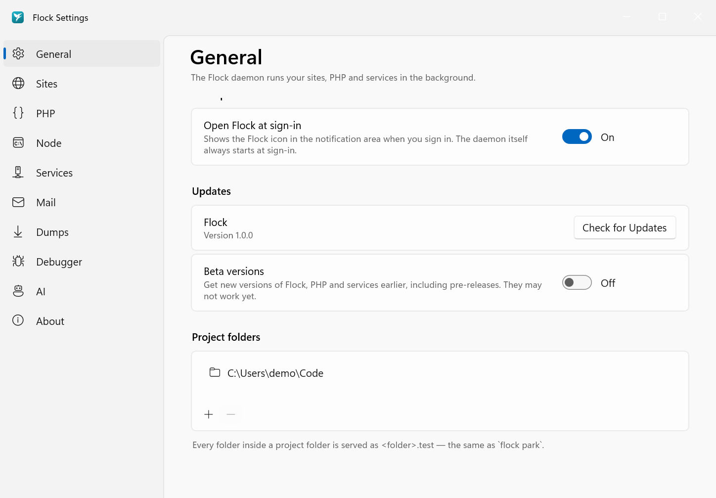 Project folders in Settings → General