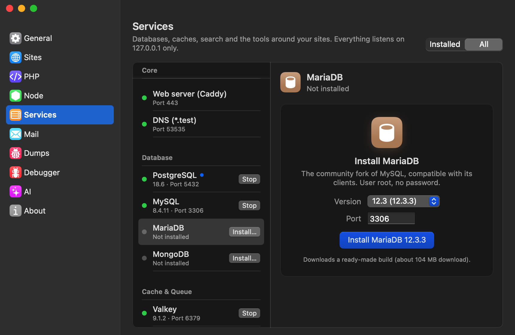 Installing a service in Settings → Services