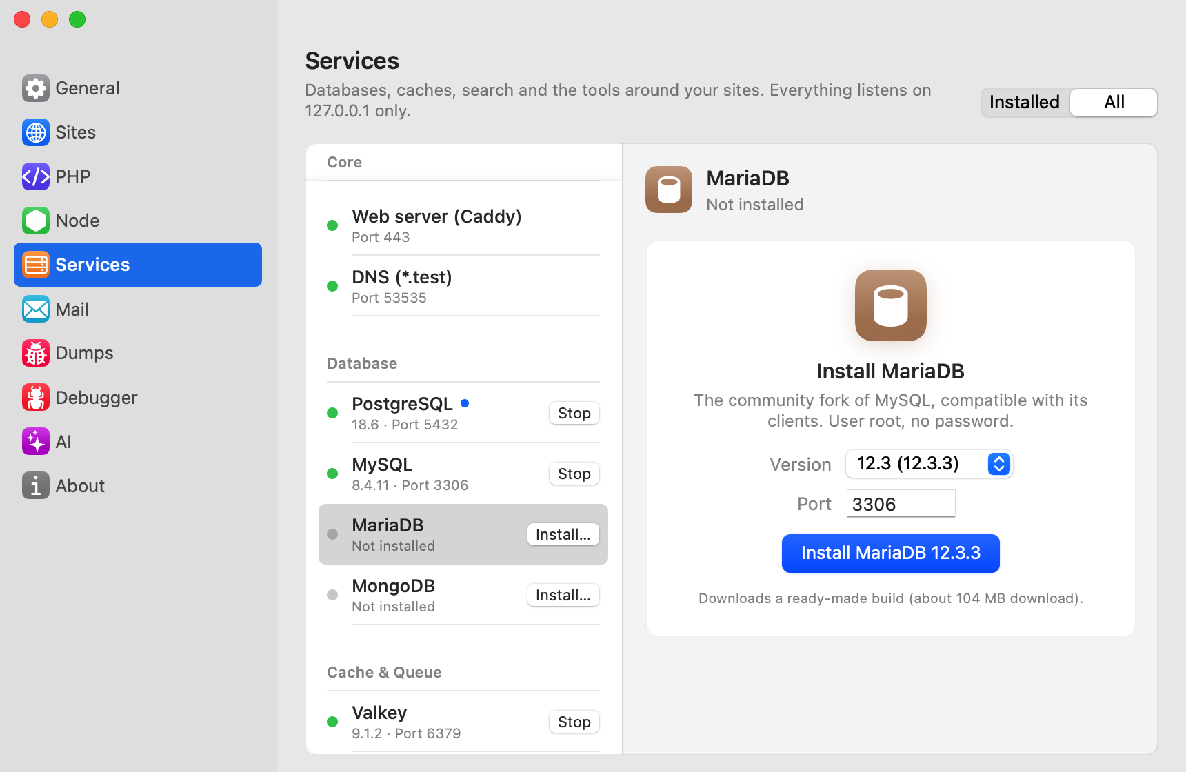 Installing a service in Settings → Services