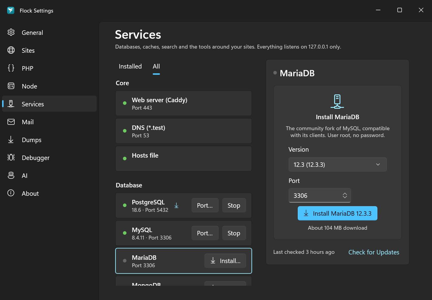 Installing a service in Settings → Services
