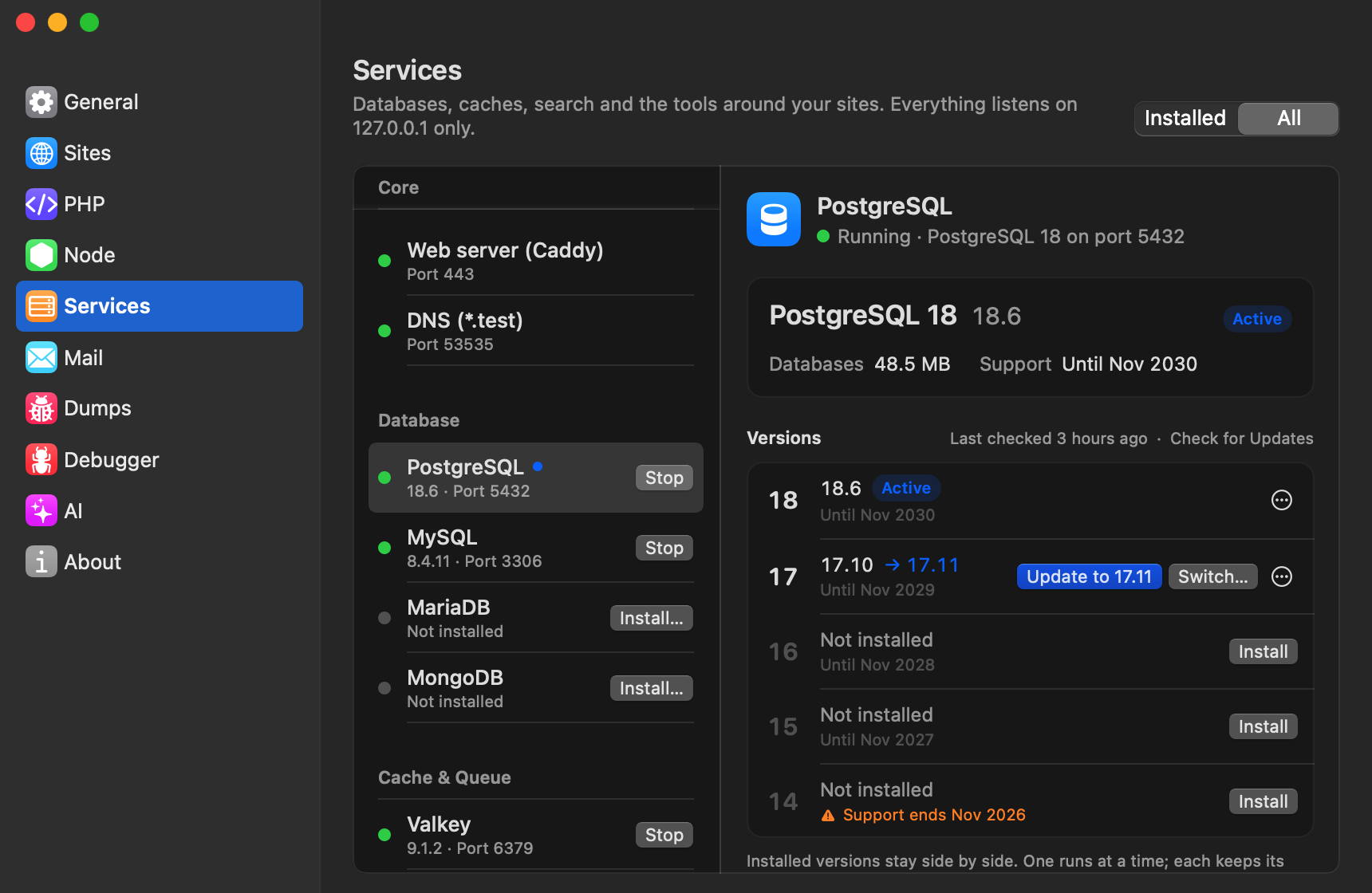 PostgreSQL in Settings → Services