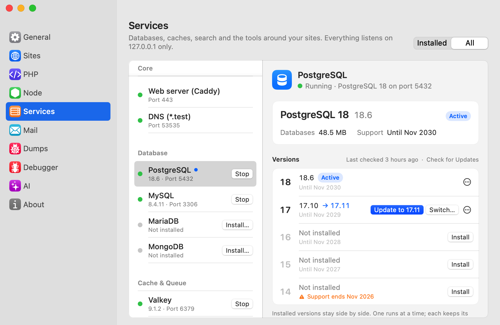PostgreSQL in Settings → Services