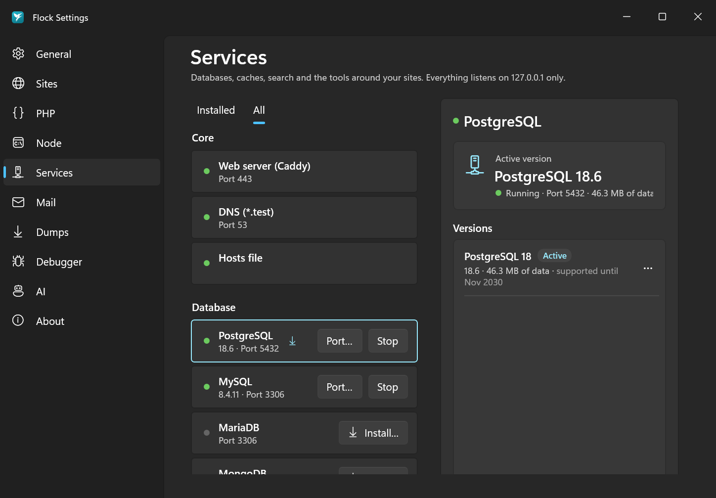 PostgreSQL in Settings → Services