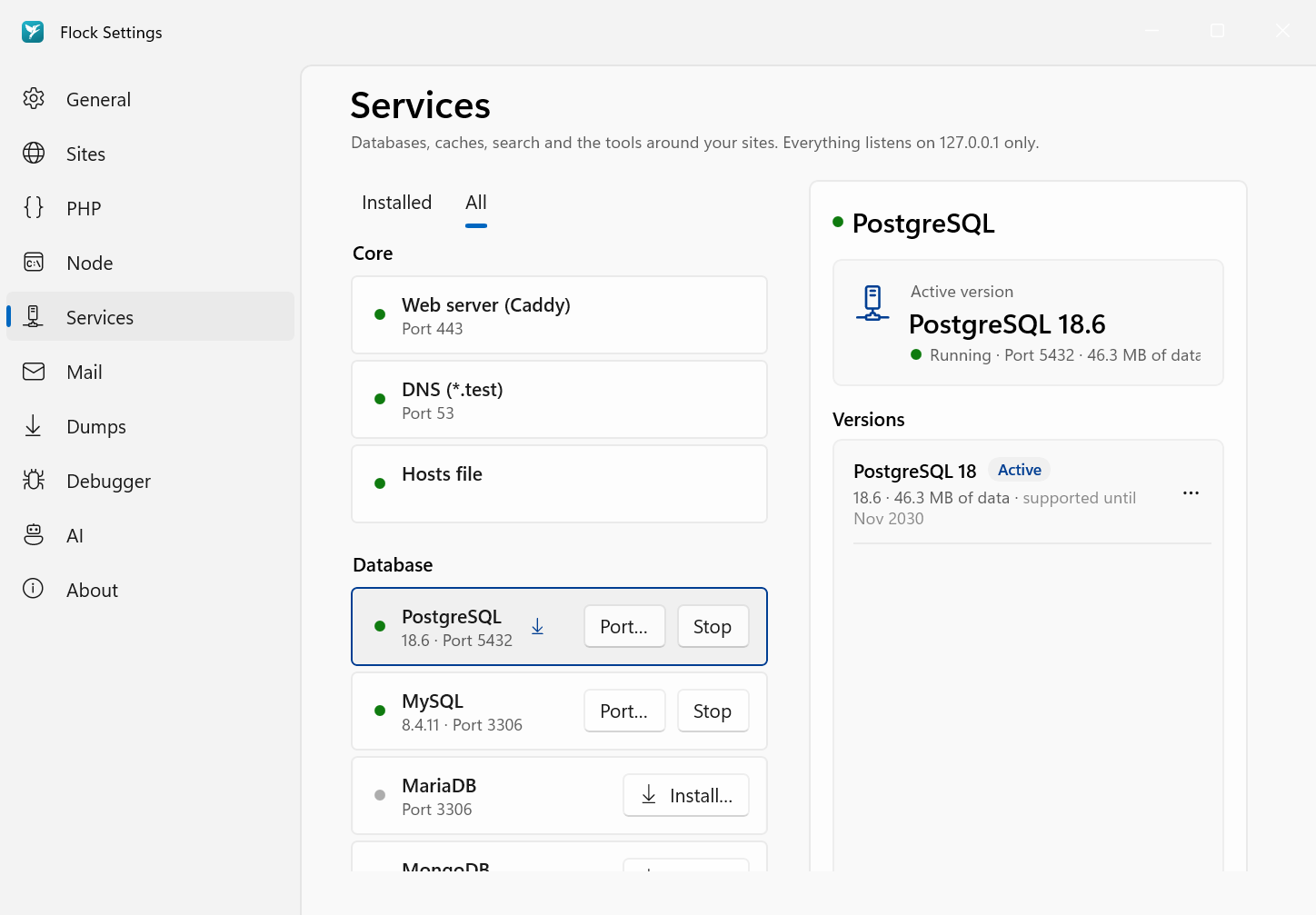 PostgreSQL in Settings → Services