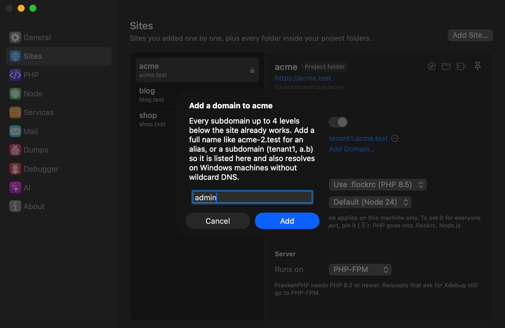 Adding a domain in Settings → Sites