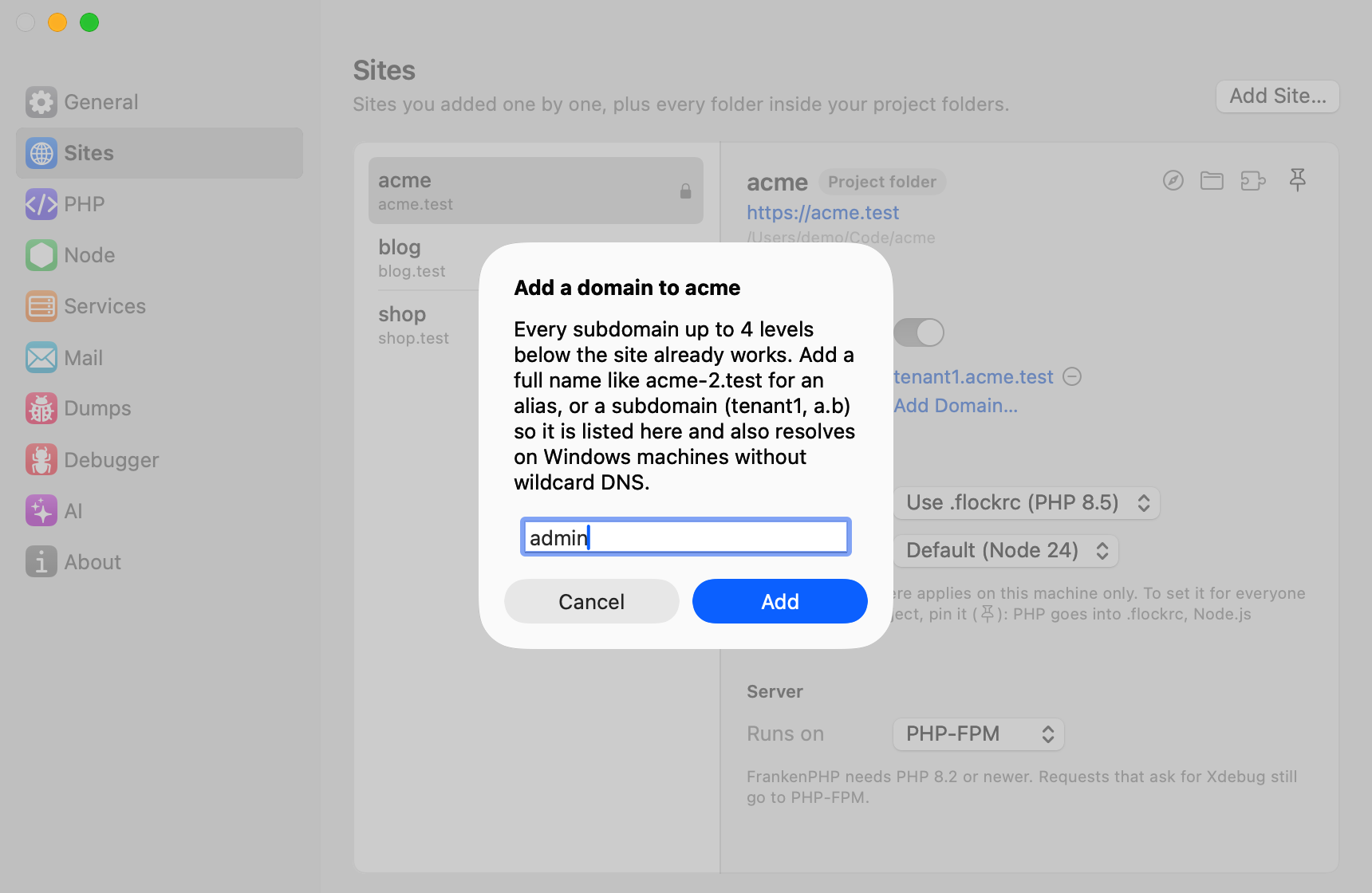 Adding a domain in Settings → Sites