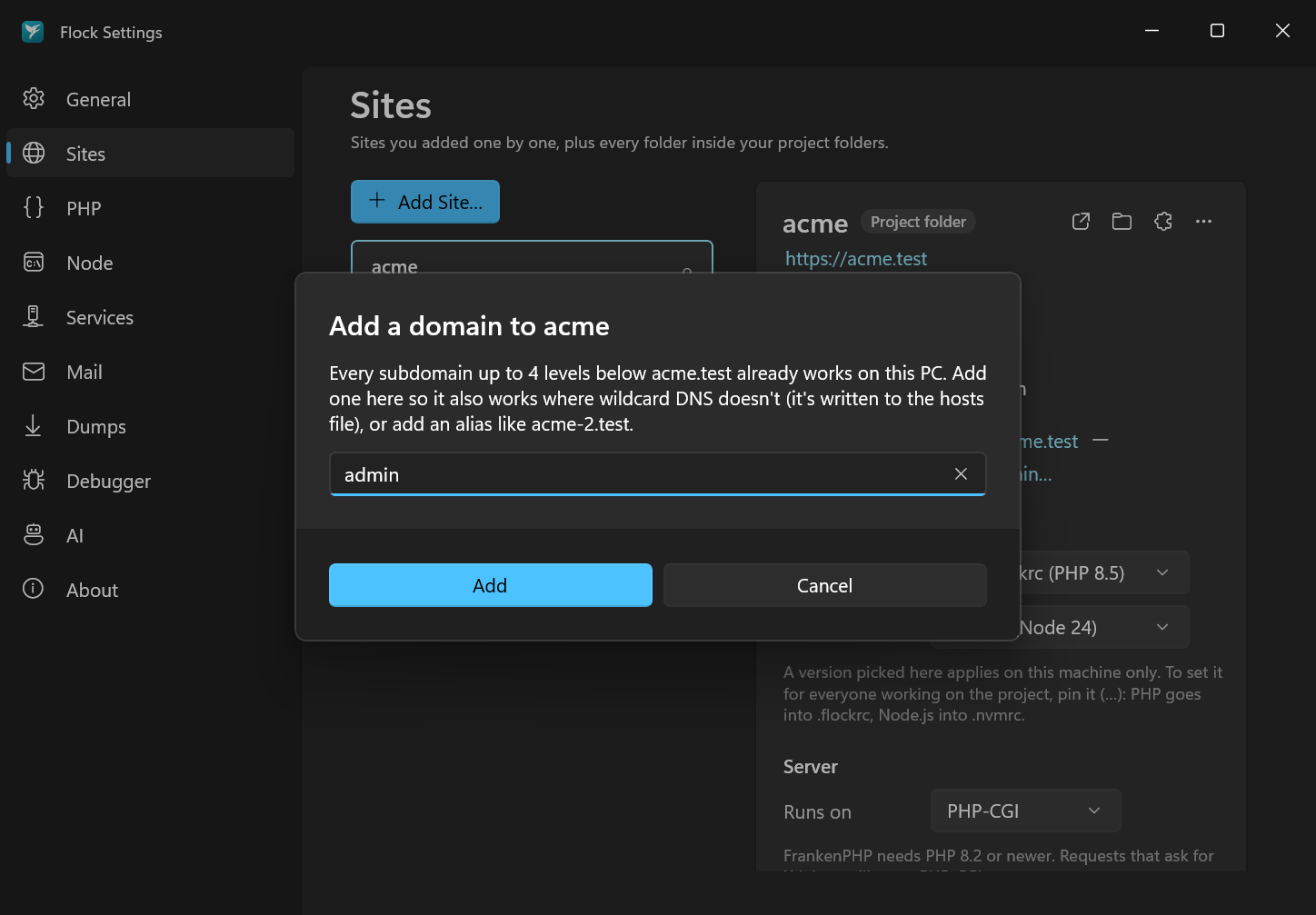 Adding a domain in Settings → Sites