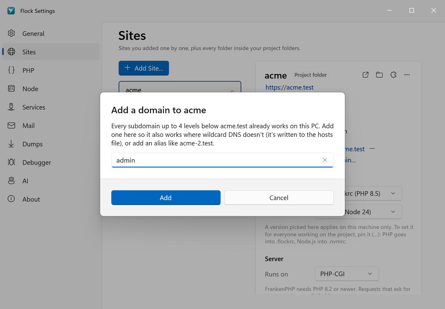 Adding a domain in Settings → Sites
