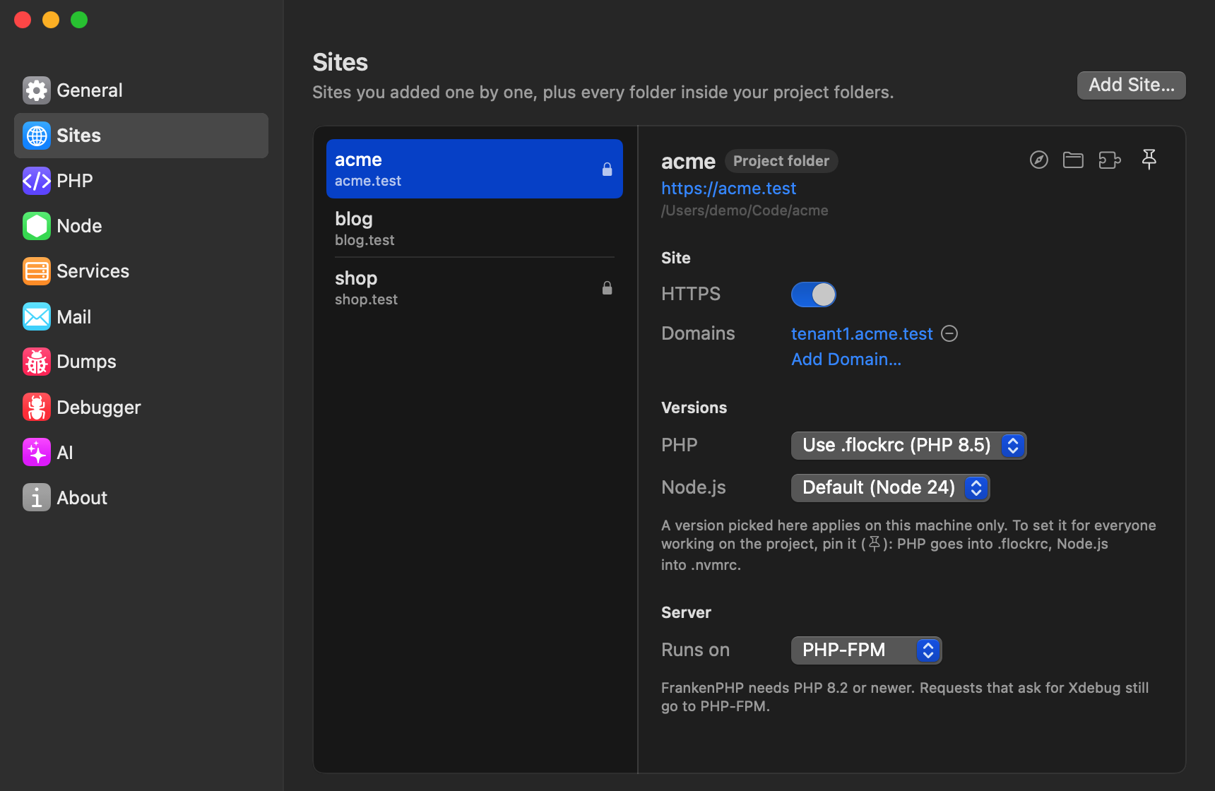 The HTTPS switch in Settings → Sites