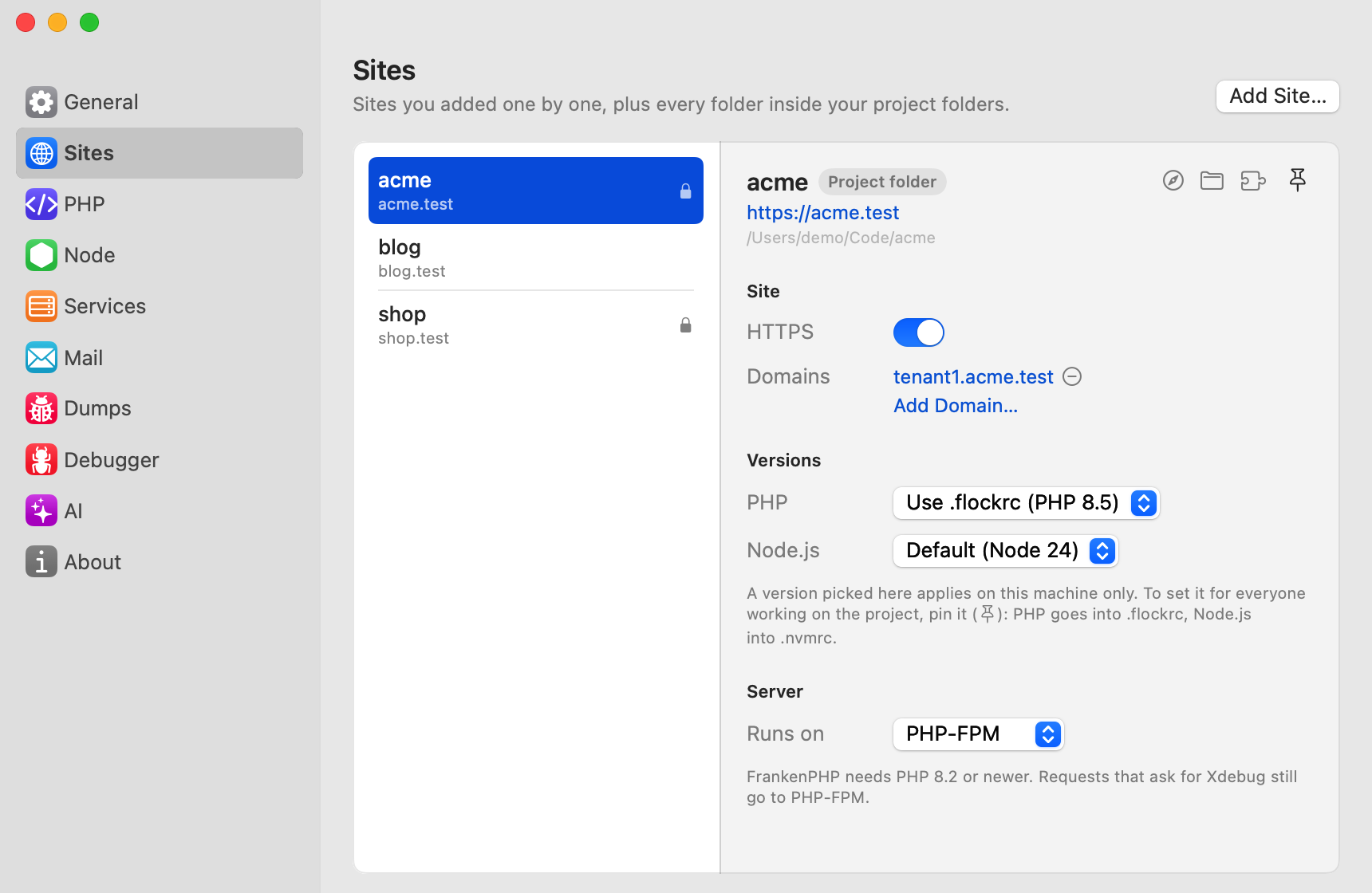 The HTTPS switch in Settings → Sites