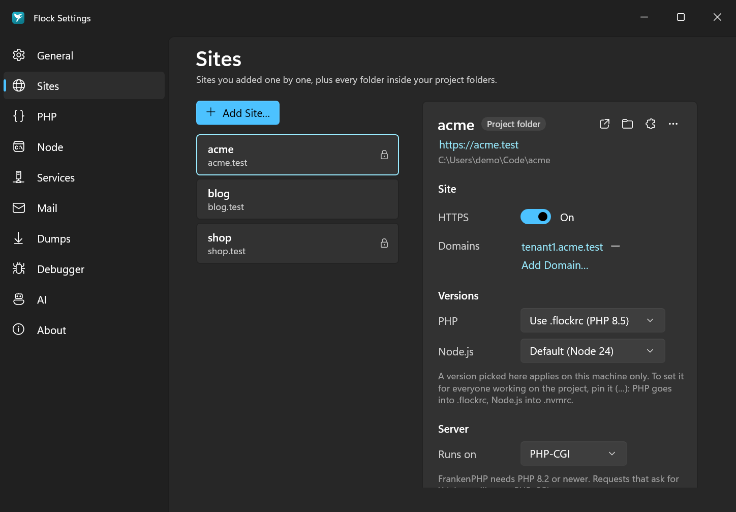 The HTTPS switch in Settings → Sites