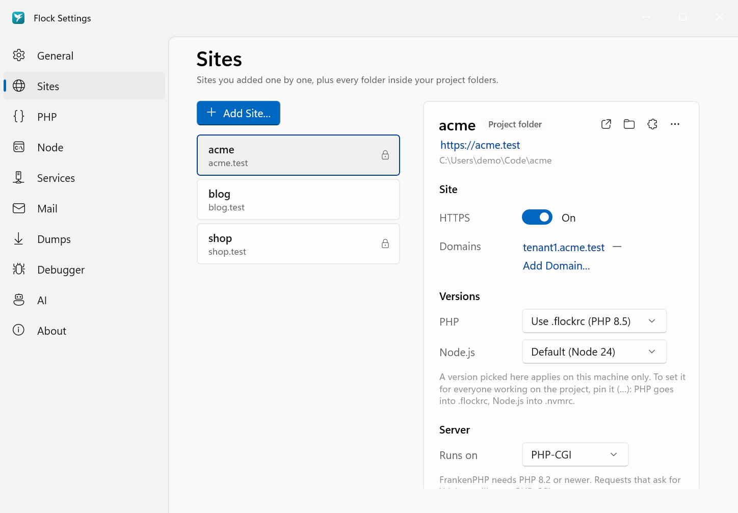 The HTTPS switch in Settings → Sites