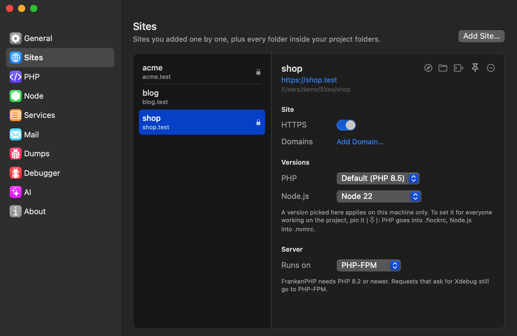 Settings → Sites