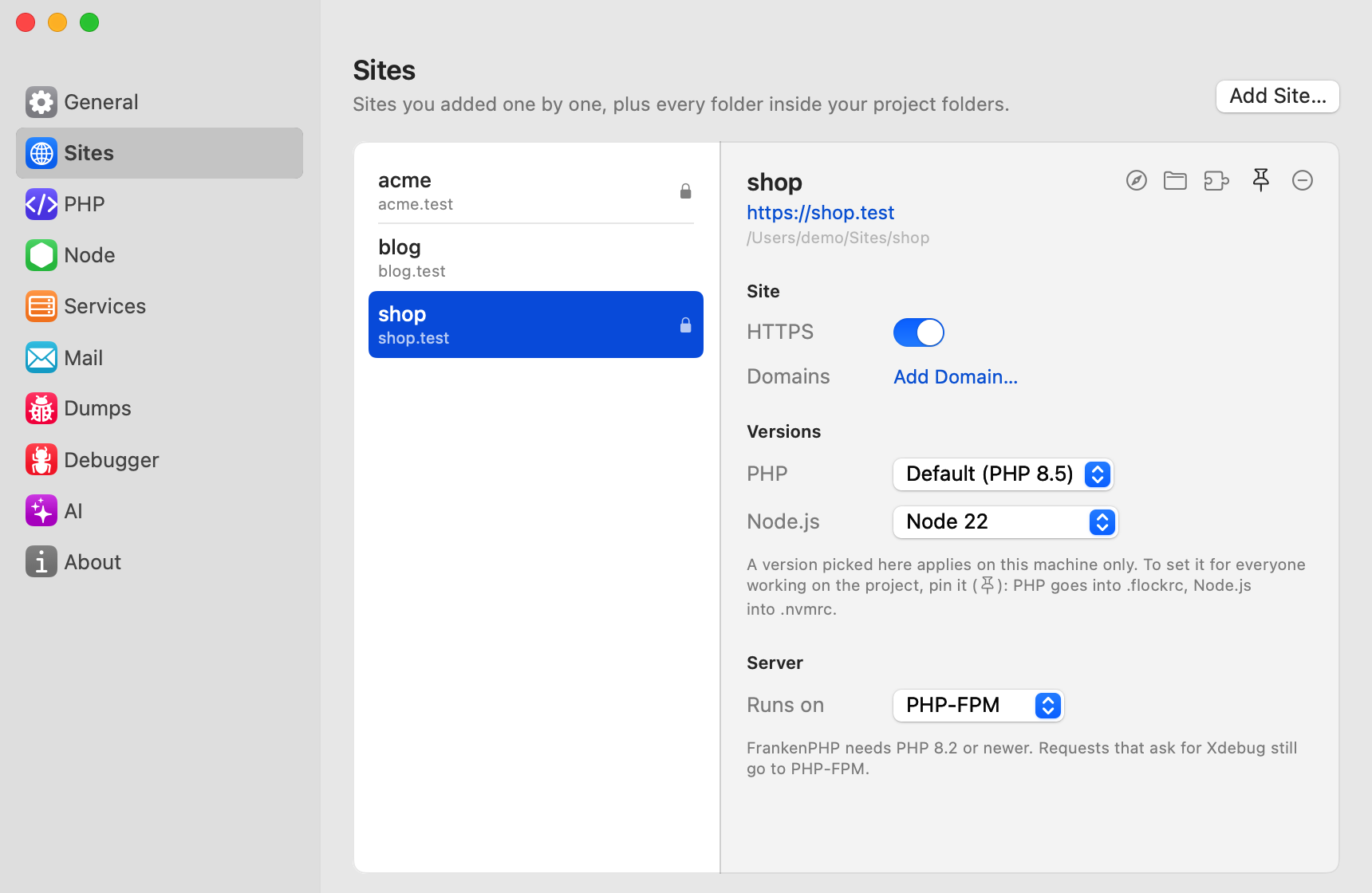Settings → Sites