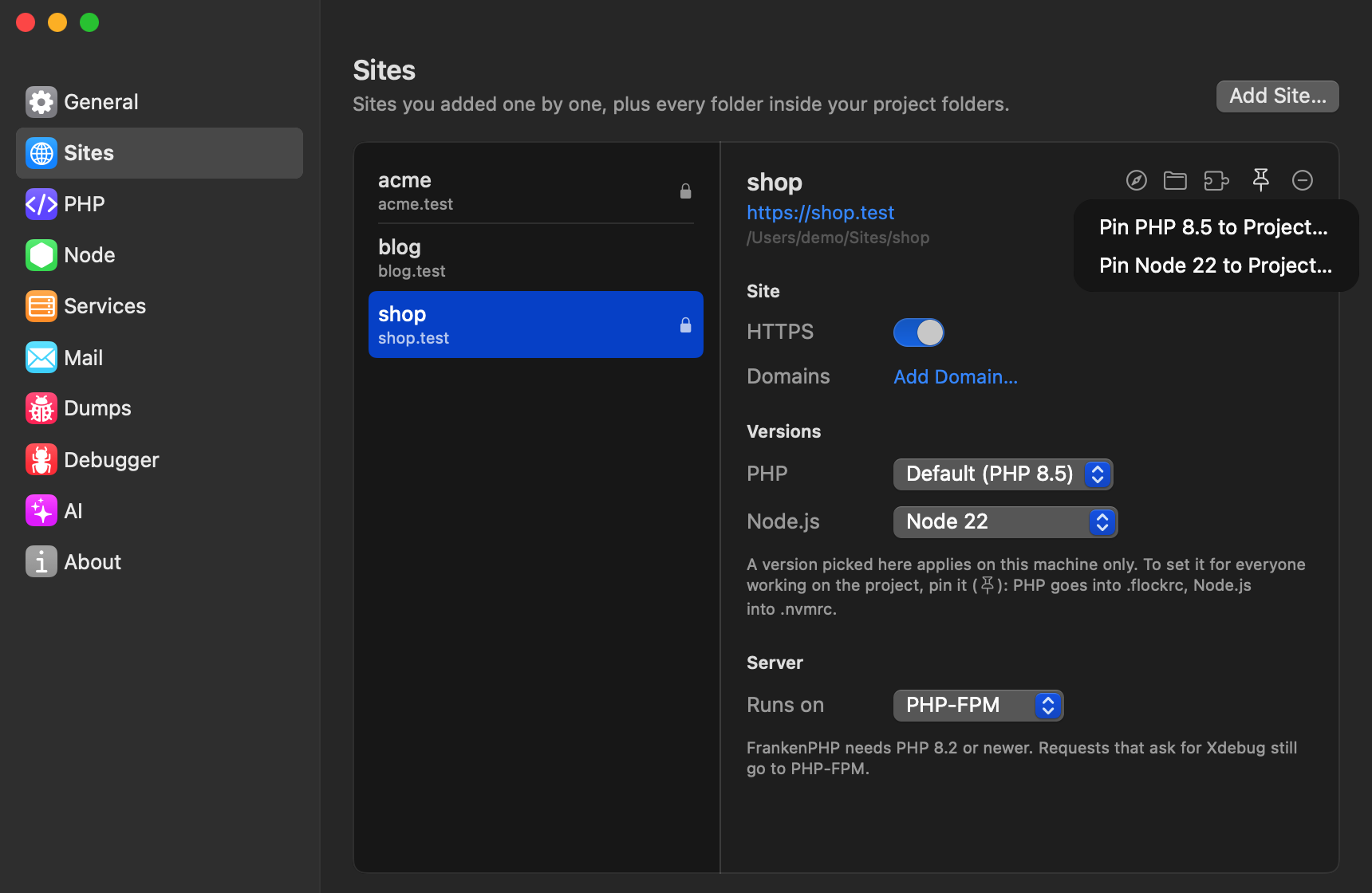 Pinning versions in Settings → Sites
