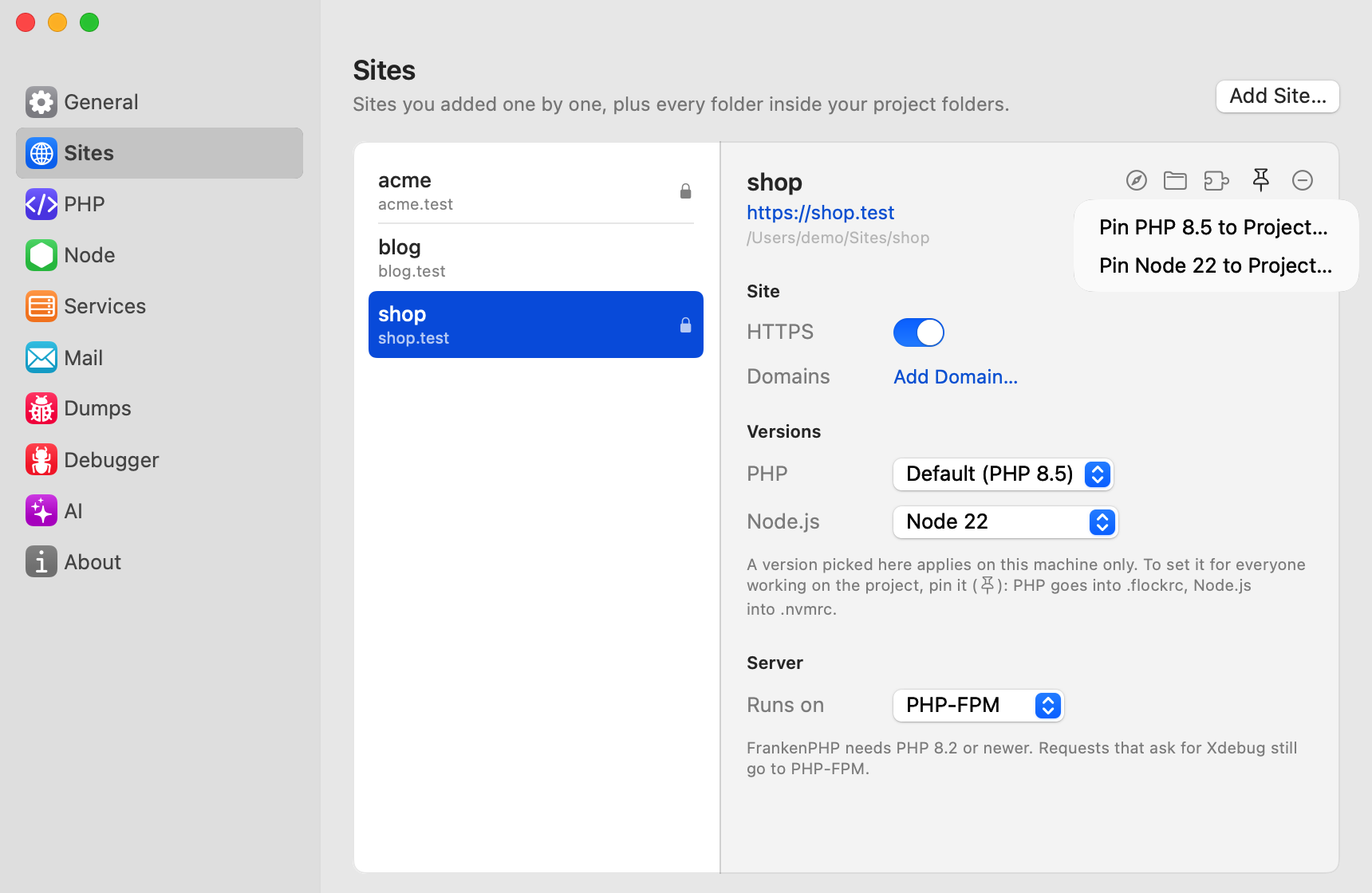 Pinning versions in Settings → Sites