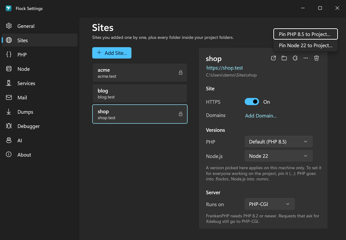Pinning versions in Settings → Sites