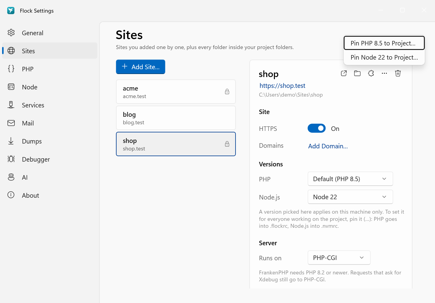 Pinning versions in Settings → Sites