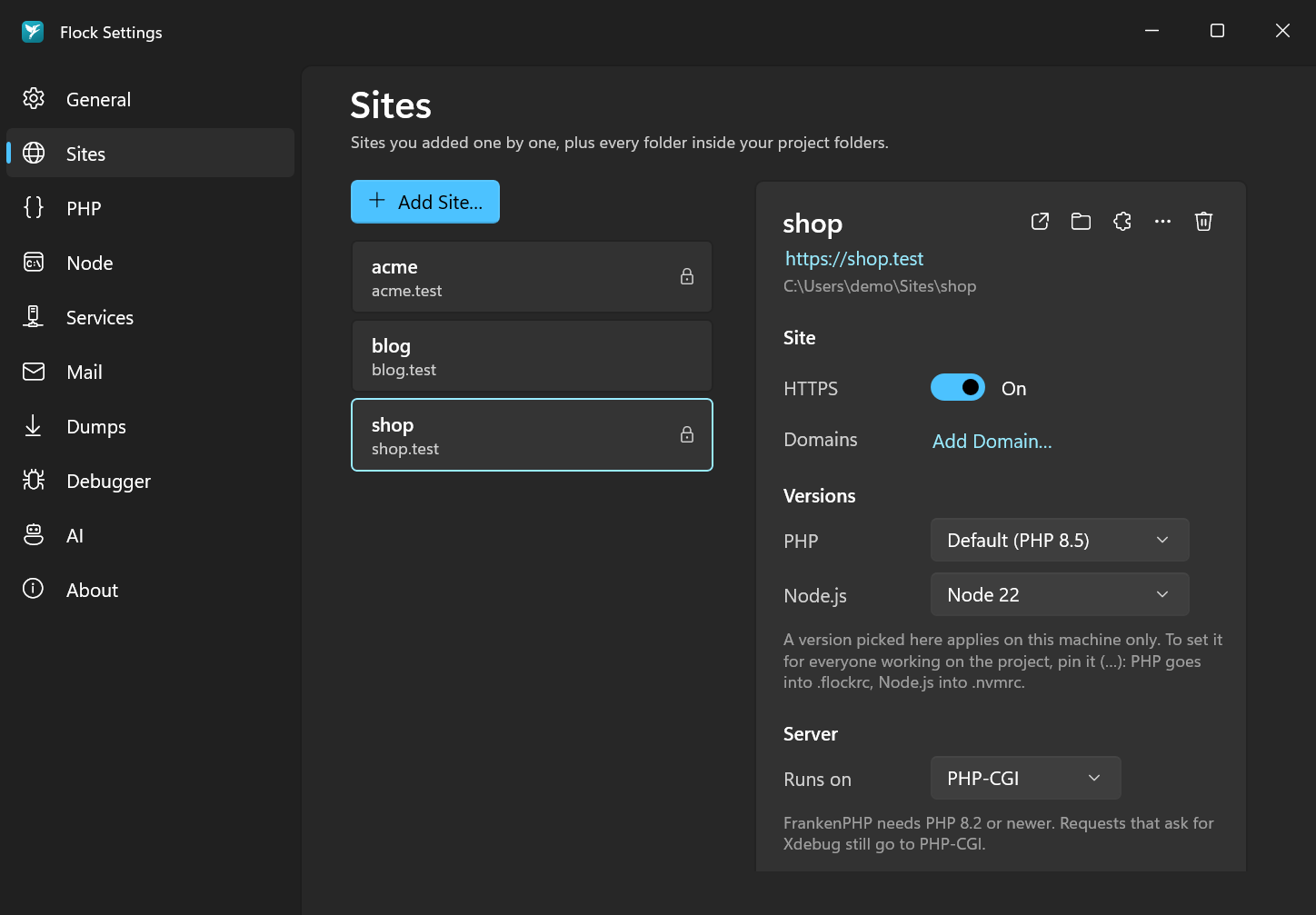 Settings → Sites