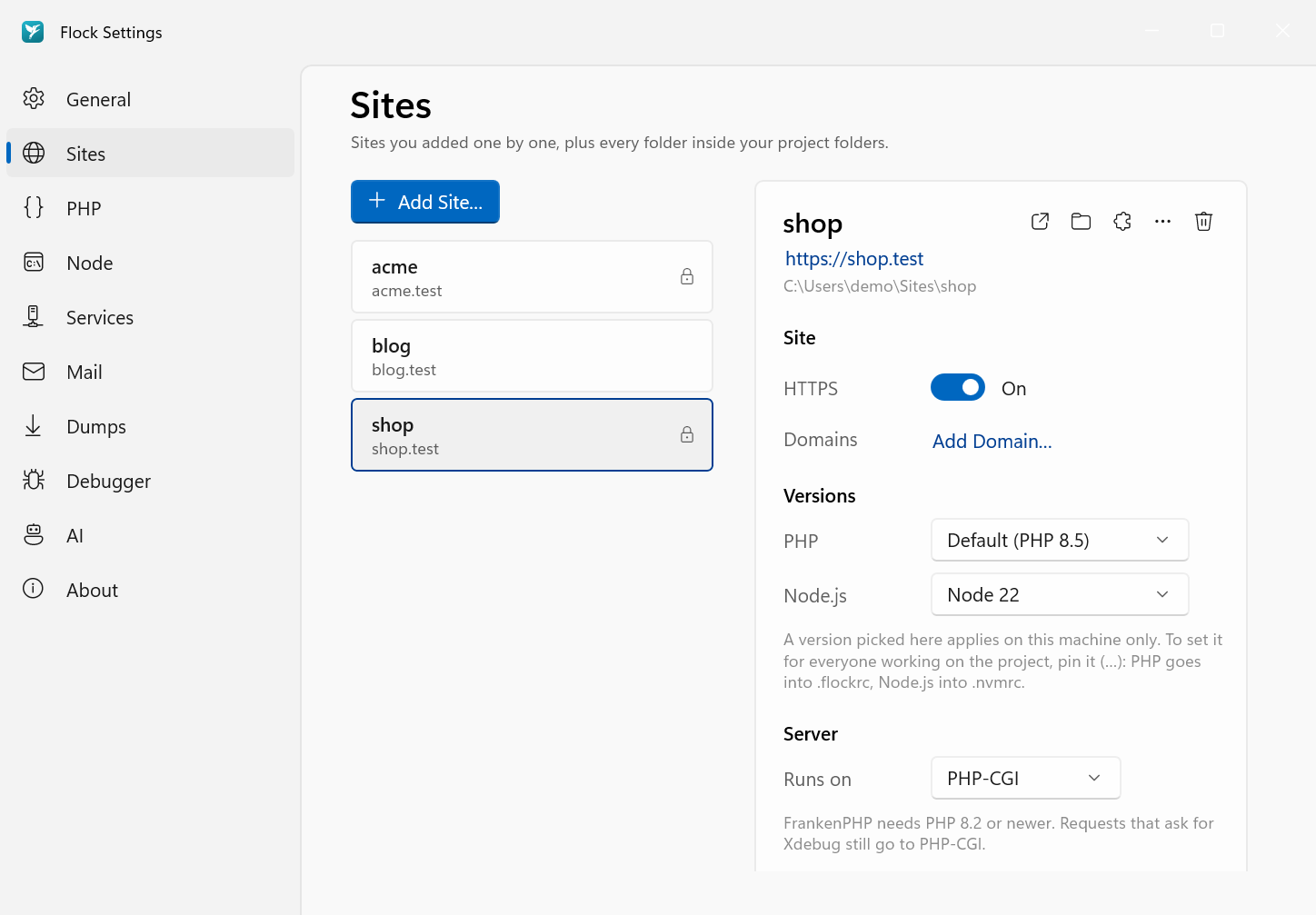 Settings → Sites